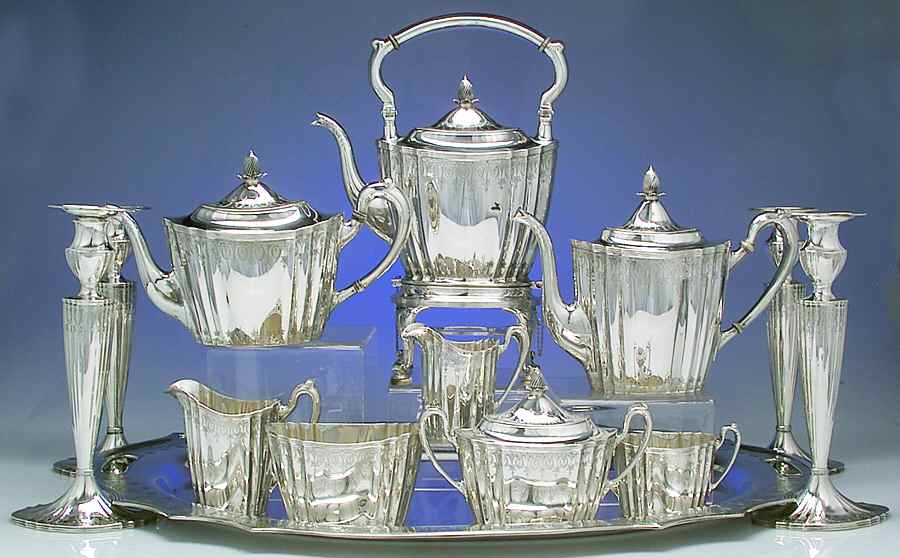 6772 (Sterling, Hollowware) 13 Piece Tea Set (SCP,STP,SCR,SSU,SWB,SKES,WTL,SCRM,SSUOM,4 SCAS) by Graff Washbourn & Dunn-1