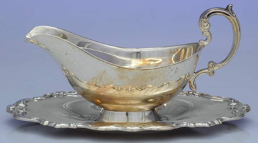 Chantilly (Slvp, Hollowware, Newer) Plated Gravy Boat with Attached Underplate by Gorham Silver-1