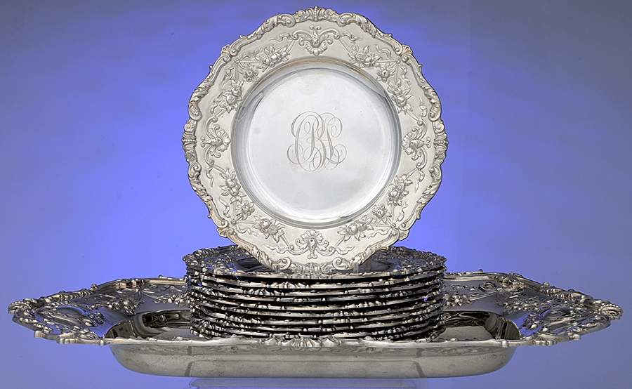 A2179-A2178 (Sterling, Hollowware) 13 Pc Ice Cream Set (Tray & 12 Plates) by Gorham Silver-1