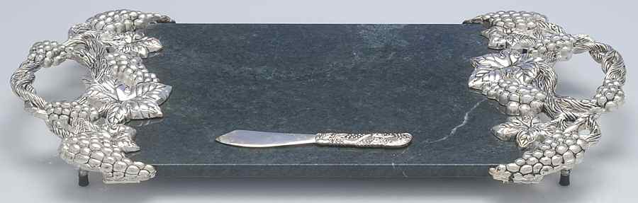 Grape (Silverplate, Hollowware) Marble Cheese Board with Silver Handles & Spreader by Godinger-1