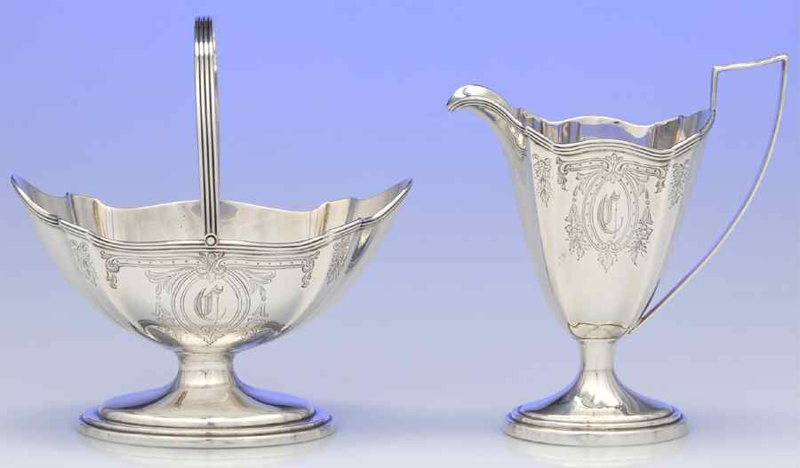 Plymouth-Engraved (Sterling, Hollowware, A2311) Mini Sterling Creamer and Open Sugar by Gorham Silver-1