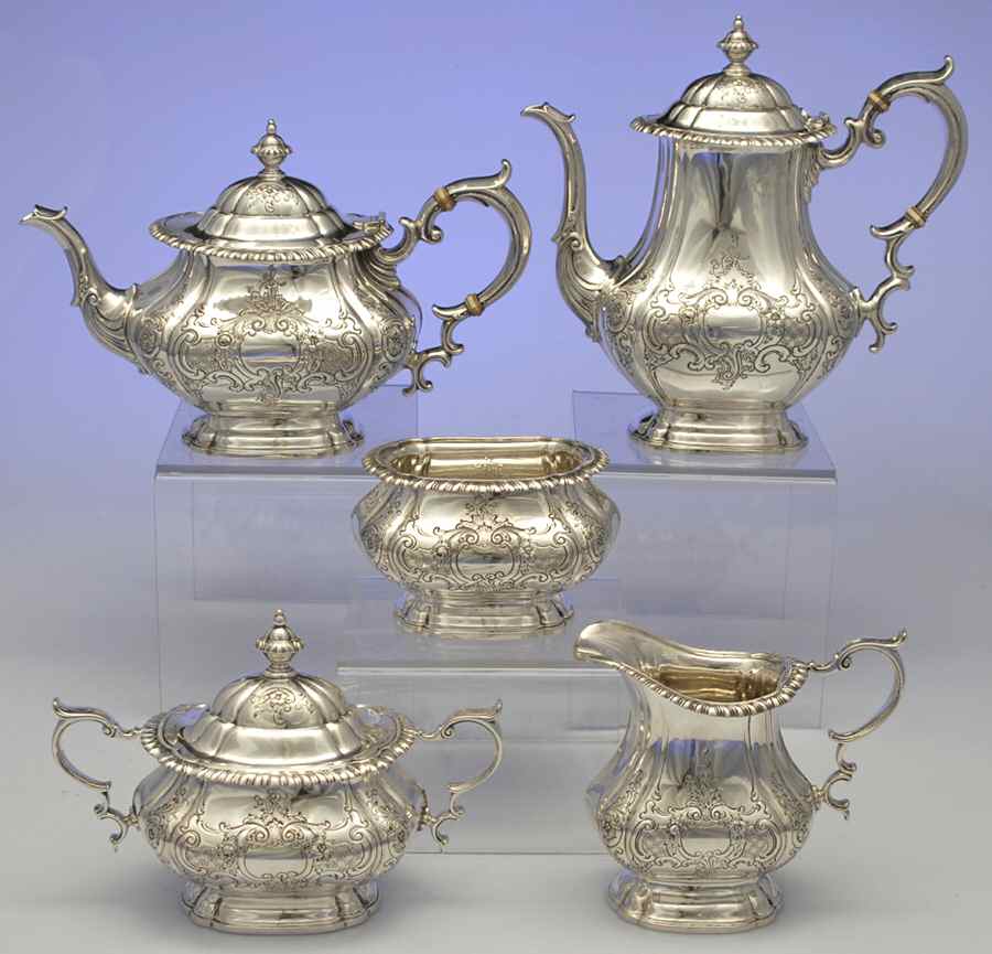 English Gadroon-Gadroon (Strl, Hlwr, Scrls&Flrs) 5 Piece Tea Set (SCP, STP, SCR, SSU, SWB) by Gorham Silver-1