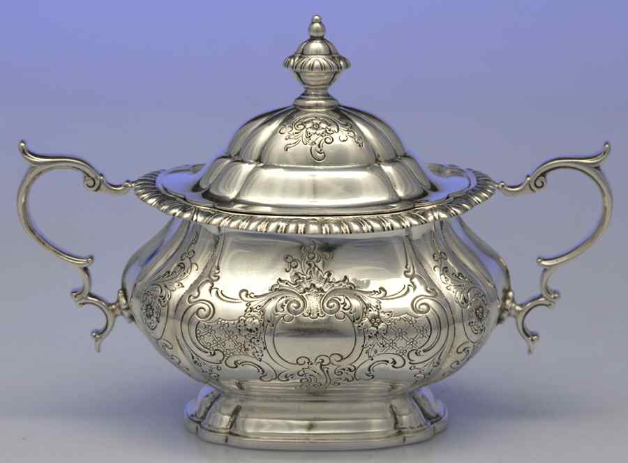 English Gadroon-Gadroon (Strl, Hlwr, Scrls&Flrs) Sugar Bowl & Lid by Gorham Silver-1