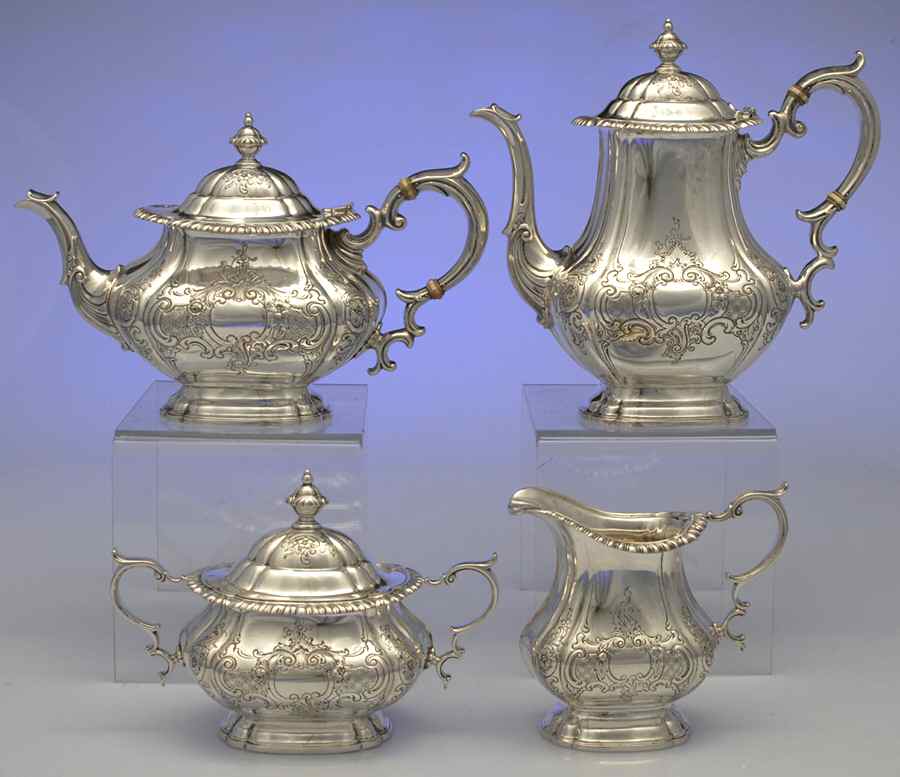 English Gadroon-Gadroon (Strl, Hlwr, Scrls&Flrs) 4 Piece Tea Set (SCP, STP, SCR, SSU) by Gorham Silver-1