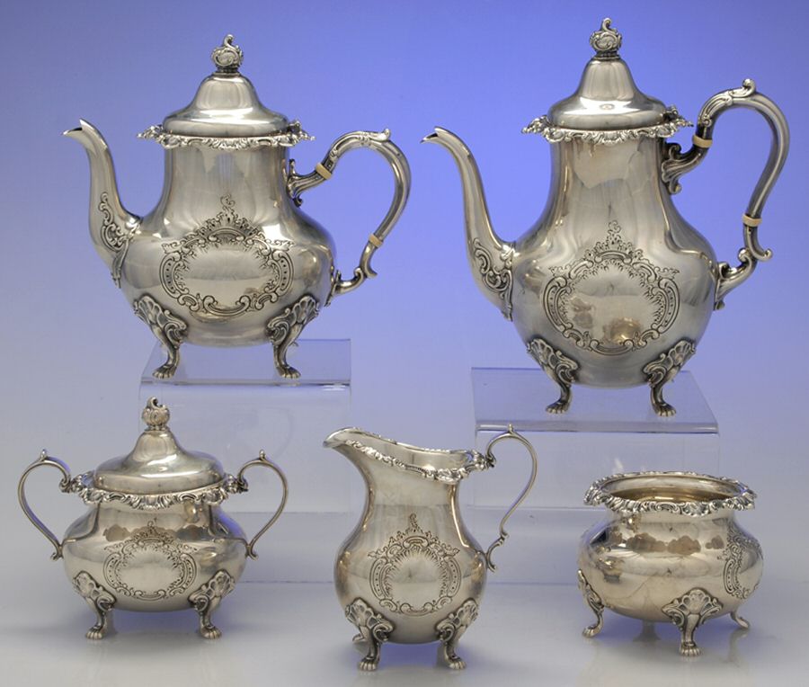 Strasbourg-Hand Chased (Strl, Hlwr, Older) 5 Piece Tea Set (SCP, STP, SCR, SSU, SWB) by Gorham Silver-1