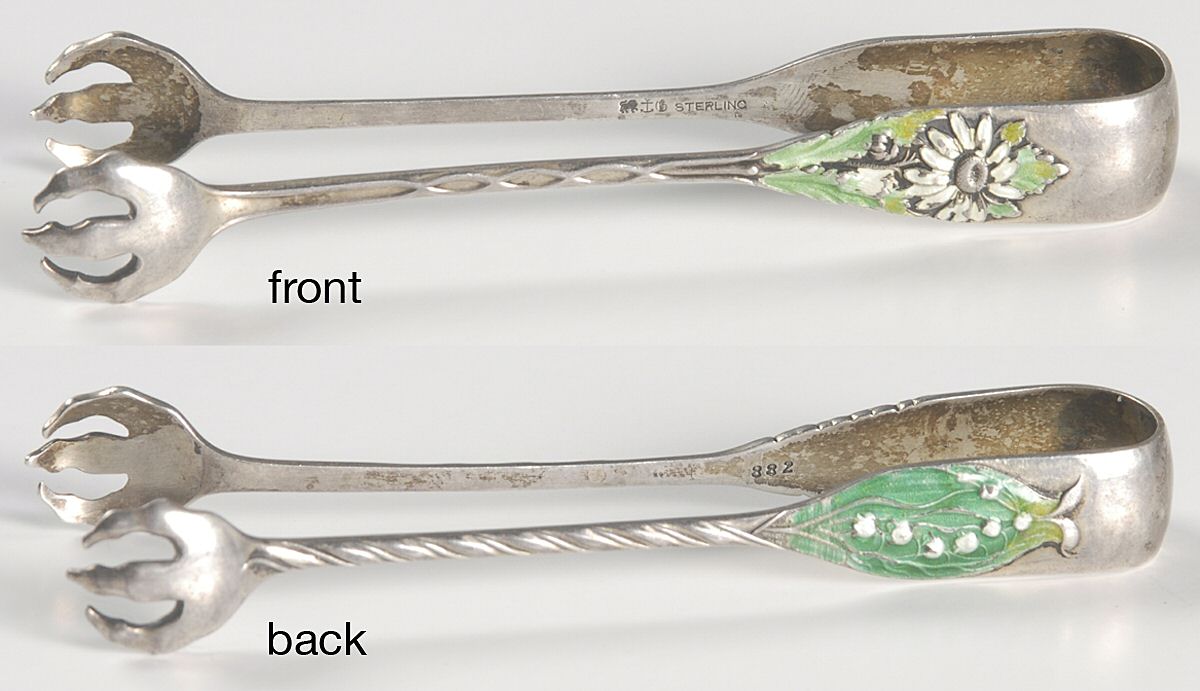 882-(Sterling, Enamel) Enameled Bon Bon Tongs by Gorham Silver-1