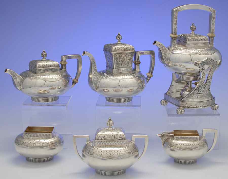 1480 (Sterling, Hollowware) 6 Piece Tea Set (SCP, STP, SCR, SSU, SWB, SKES) by Gorham Silver-1