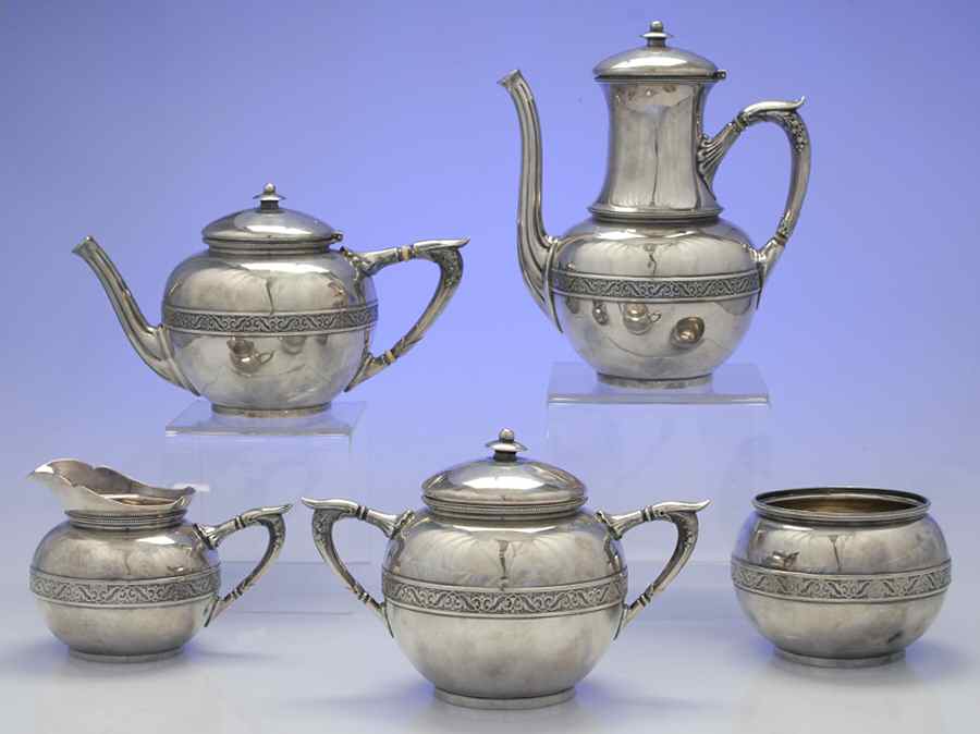 790 (Sterling, Hollowware) 5 Piece Tea Set (SCP, STP, SCR, SSU, SWB) by Gorham Silver-1
