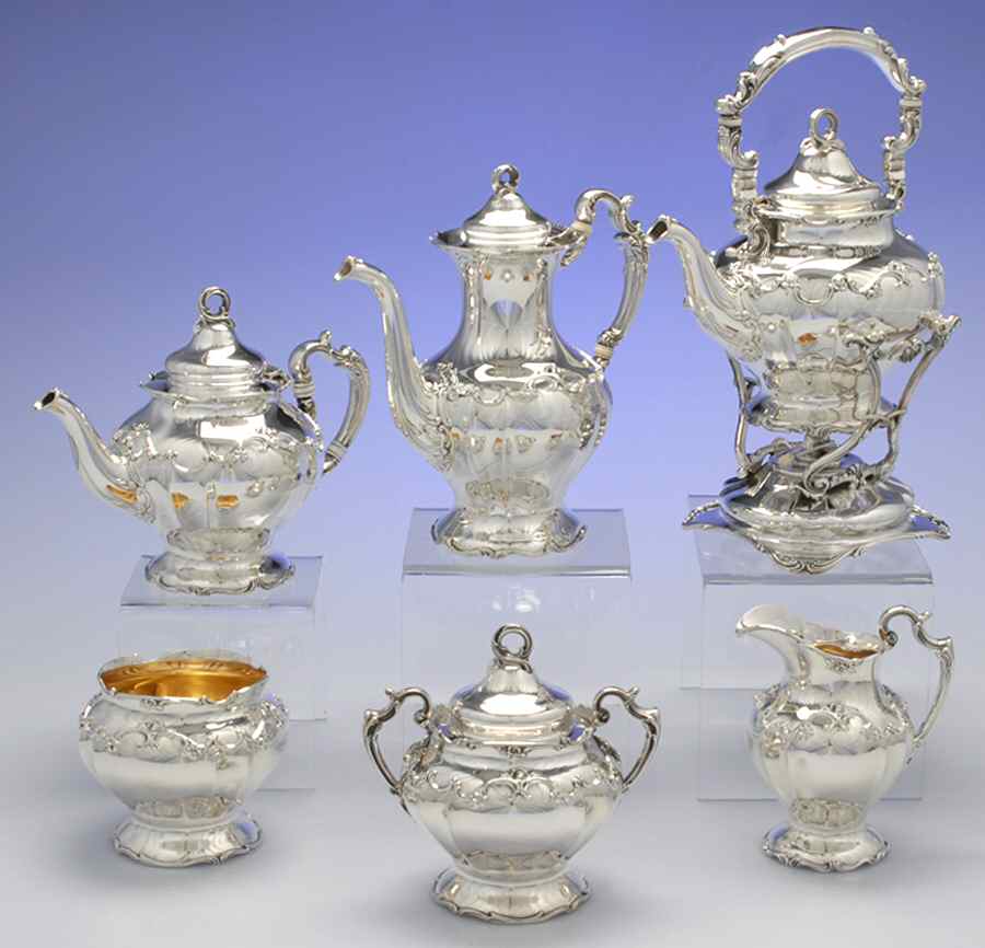 A561 (Sterling, Hollowware) 6 Piece Tea Set (SCP, STP, SCR, SSU, SWB, SKES) by Gorham Silver-1