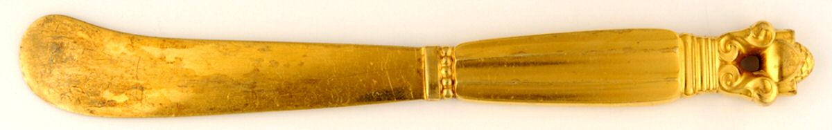 Acorn-Gold Vermeil (Sterling) Hollow Handle Paddle Butter Spreader (Solid) by Georg Jensen (Denmark)-1