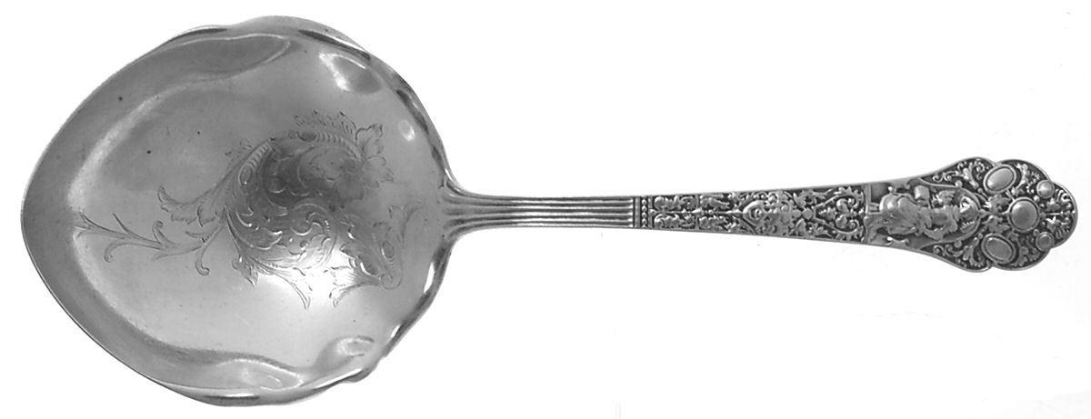 Medici-Old (Sterling, 1880, Monograms) Salad Serving Spoon, Bright Cut Solid Piece by Gorham Silver-1