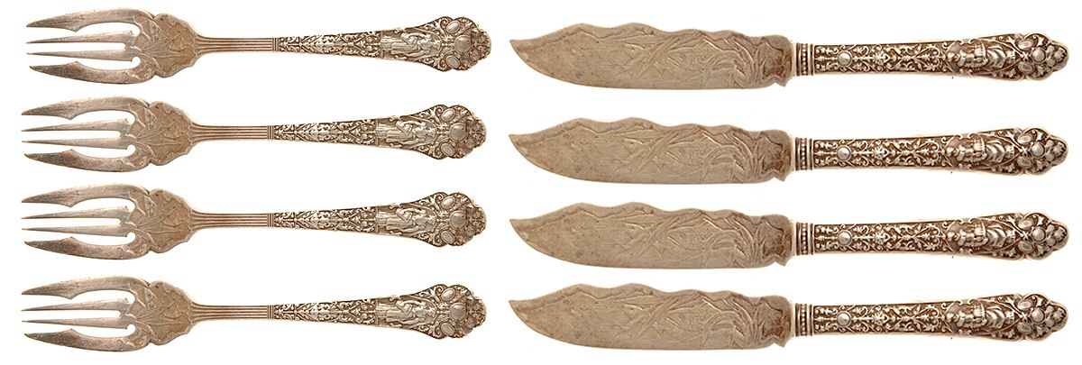 Medici-Old (Sterling, 1880, Monograms) (8 Pc) Individual Fish Set (4 FFSILB+4 FKHISB) by Gorham Silver-1