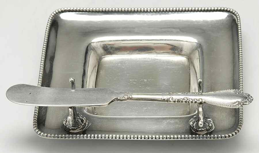 1984B (Sterling, Hollowware) Square Butter Tray with 5" Knife by Gorham Silver-1