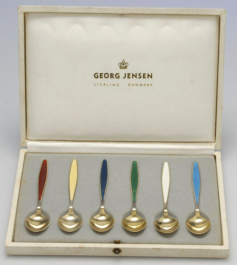 GEJ13 (Sterling) (Set of 6 Motif) Demitasse Spoon with Case by Georg Jensen (Denmark)-1