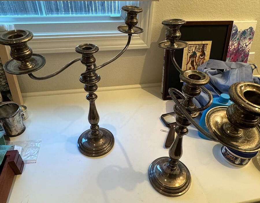 669 (Sterling, Hollowware) Pair of 3 Light Candelabra Weighted w/Drip Cups by Gorham Silver-1
