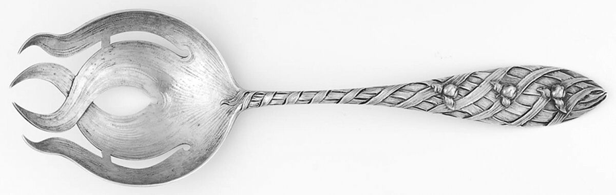 282X (Sterling & 14 K) Solid Bright Cut Vegetable Serving Fork by George W Shiebler-1