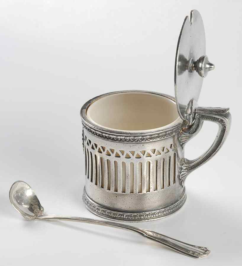 04491 (Silverplate, Hollowware) Mustard Pot with Hinged Lid,Cobalt Liner & Spoon by Gorham Silver-1