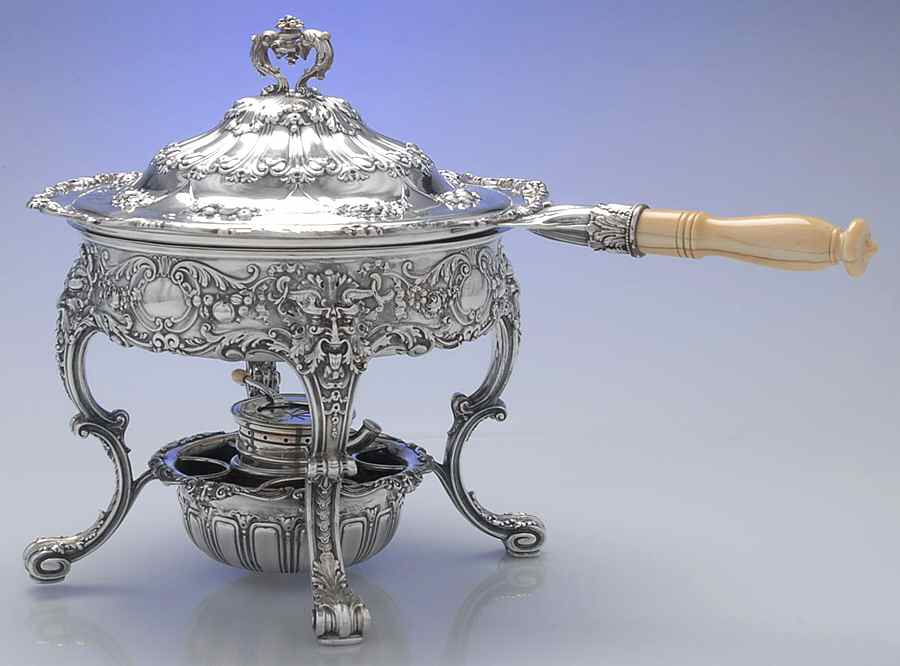 A8571 (Sterling, Hollowware) Chafing Dish W/Lid, Burn, Stand & 12" Underplate by Gorham Silver-1