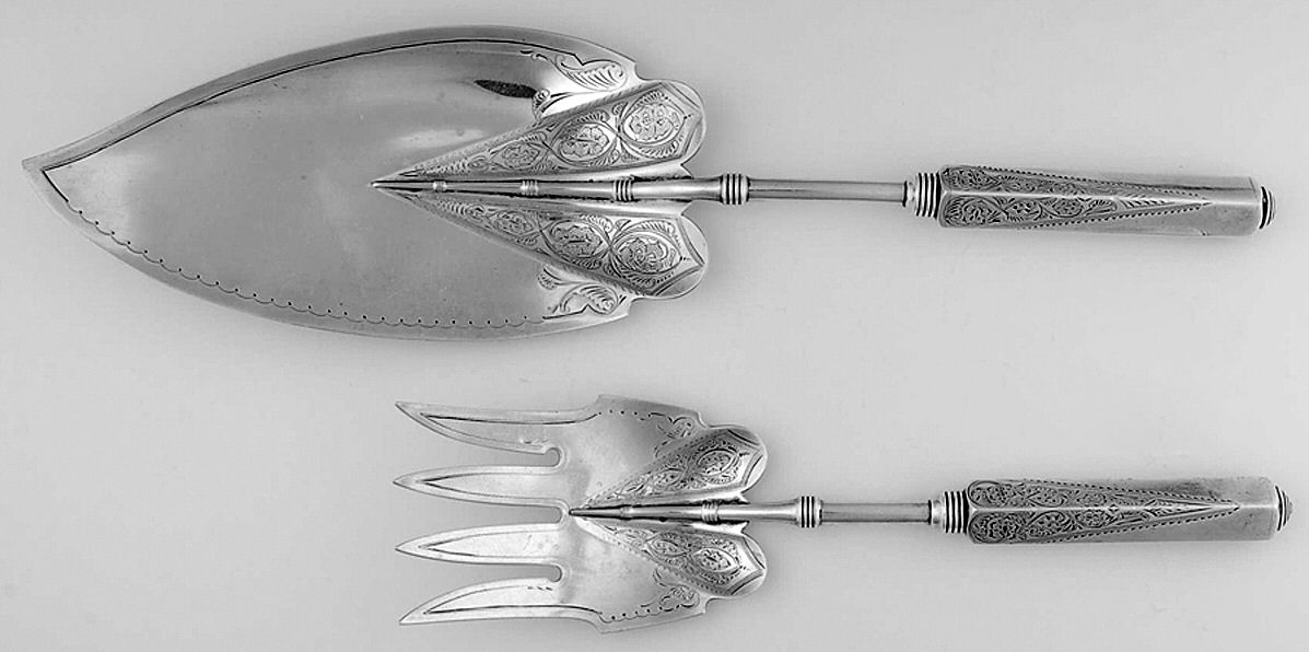 Isis-Engraved (Sterling) 2 Pc Large Fish Serving Set Hollow Handle with Bright Cut by Gorham Silver-1