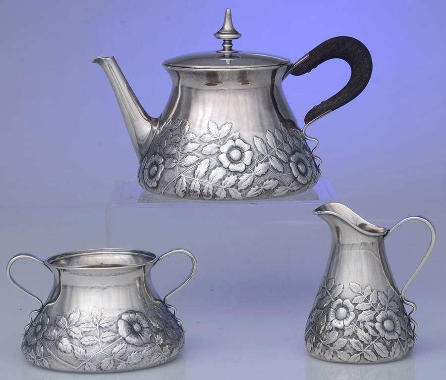 1666 (Sterling, Hollowware) 3 Piece Mini Tea Set (STPM, SCRM, SUOM) by George W Shiebler-1