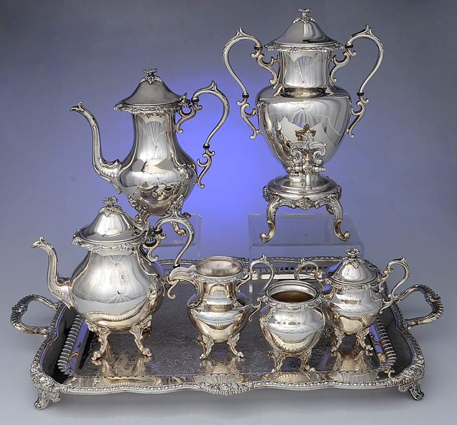GDS8 (Silverplate, Hollowware) 7 Piece Tea Set (PCP, PTP, PCR, PSU, PWB, PWTL,SAMB) by Goldfeder Silver Co-1