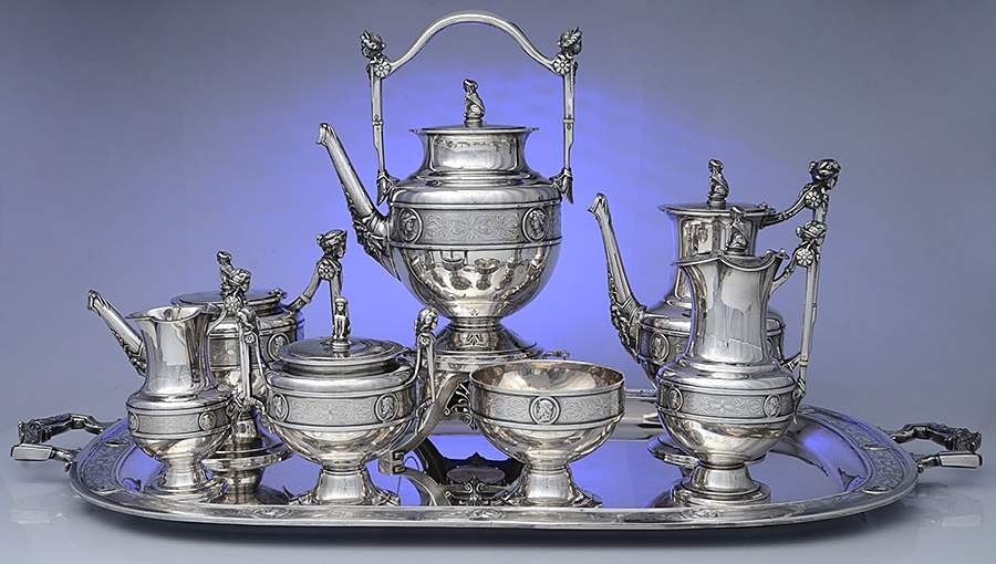 Medallion (Coin, Hollowware) 8 Piece Tea Set (SCP,STP,SCR,SSU,SWB,KES,CPD,WT29C) by Gorham Silver-1