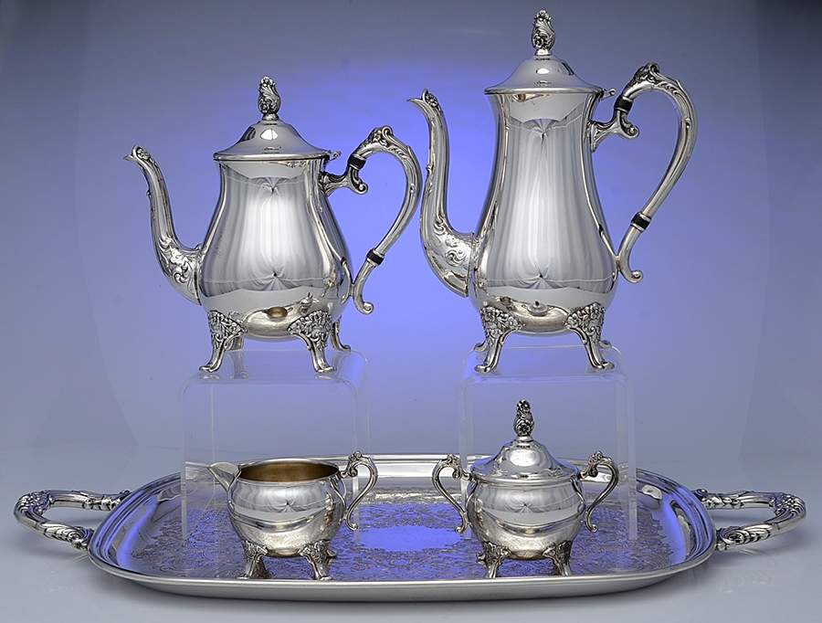 GS152 (Silverplate, Hollowware) 5-Piece Silverplate Tea Set (with Tray) by Gorham Silver-1