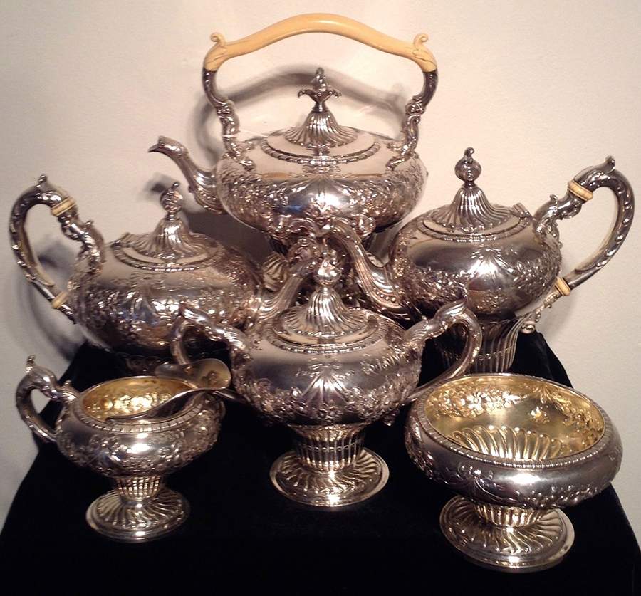 2380 (Sterling, Hollowware) 6 Piece Tea Set (SCP, STP, SCR, SSU, SWB, SKES) by Gorham Silver-1