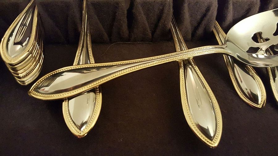 Chateau (Silverplate, Gold Accent) Pierced Tablespoon (Serving Spoon) by Godinger-1