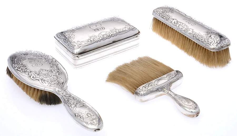 C1601 (Sterling, Hollowware) 4 Piece Vanity Set (SHB,SCLB,BOBR,JEBO) by Gorham Silver-1