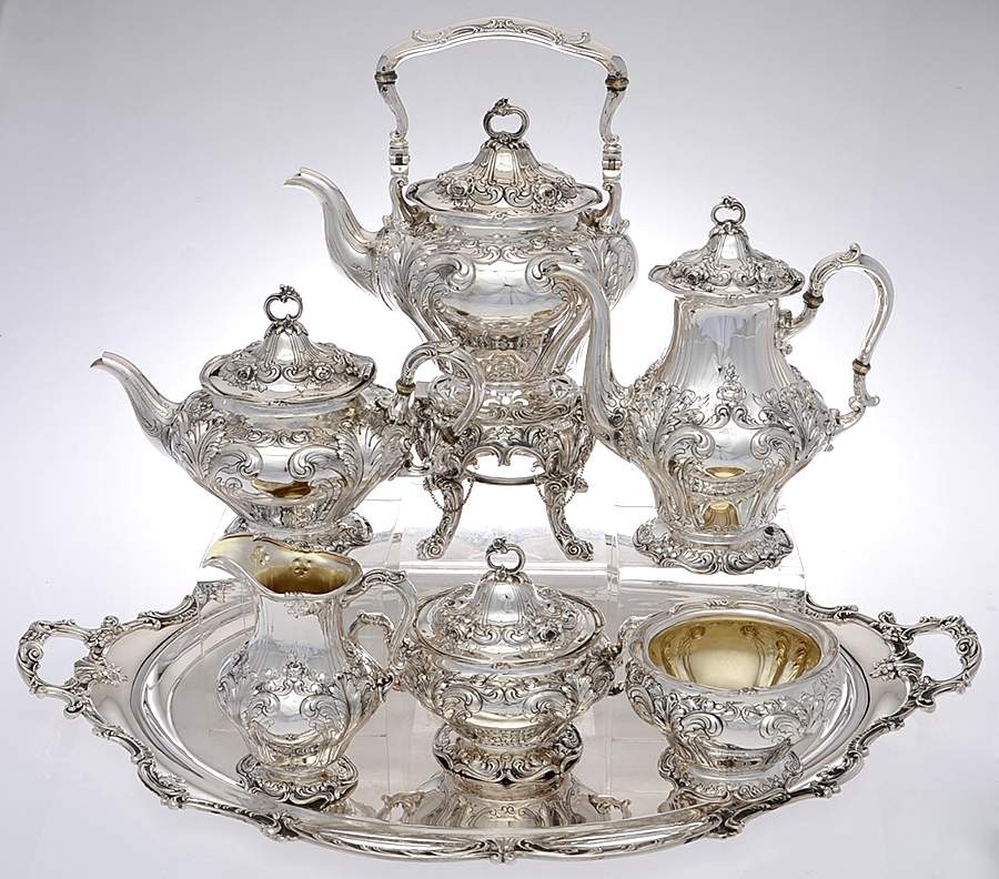 A3061 (Sterling, Hollowware) 7 Piece Tea Set (SCP, STP, SCR, SSU, SWB, SKES & WTL) by Gorham Silver-1