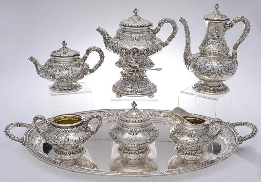 KR-Special Order (Sterling, 1916, Hollowware) 7 Piece Tea Set (SCP, STP, SCR, SSU, SWB, SKES & WTL) by Gorham Silver-1
