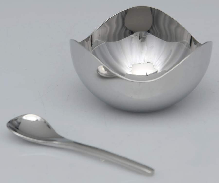 Bloom (Stainless, Hollowware) Open Master Salt with Spoon by Georg Jensen (Denmark)-1