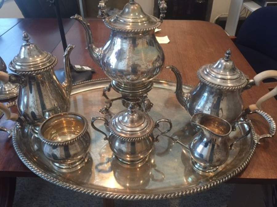 801 (Sterling, Hollowware) 7 Piece Tea Set (SCP, STP, SCR, SSU, SWB, SKES & WTL) by Graff Washbourn & Dunn-1