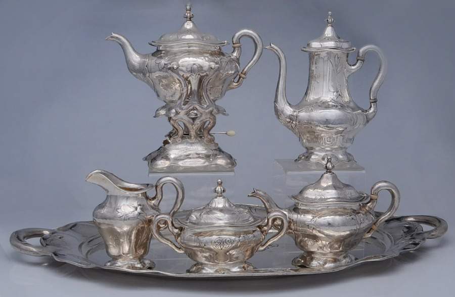 Martele (Sterling, Hollowware) 6 Piece Tea Set (SCP, STP, SCR, SSU, SKES, WTL) by Gorham Silver-1