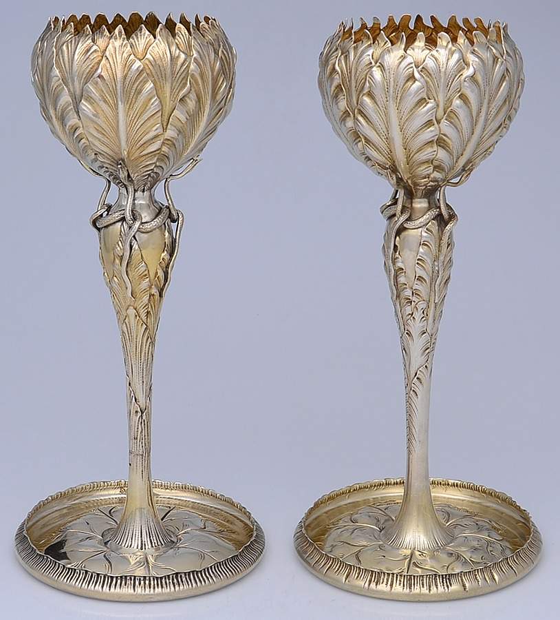 1021 (Sterling, Hollowware) Pair of 14" Vases by George W Shiebler-1