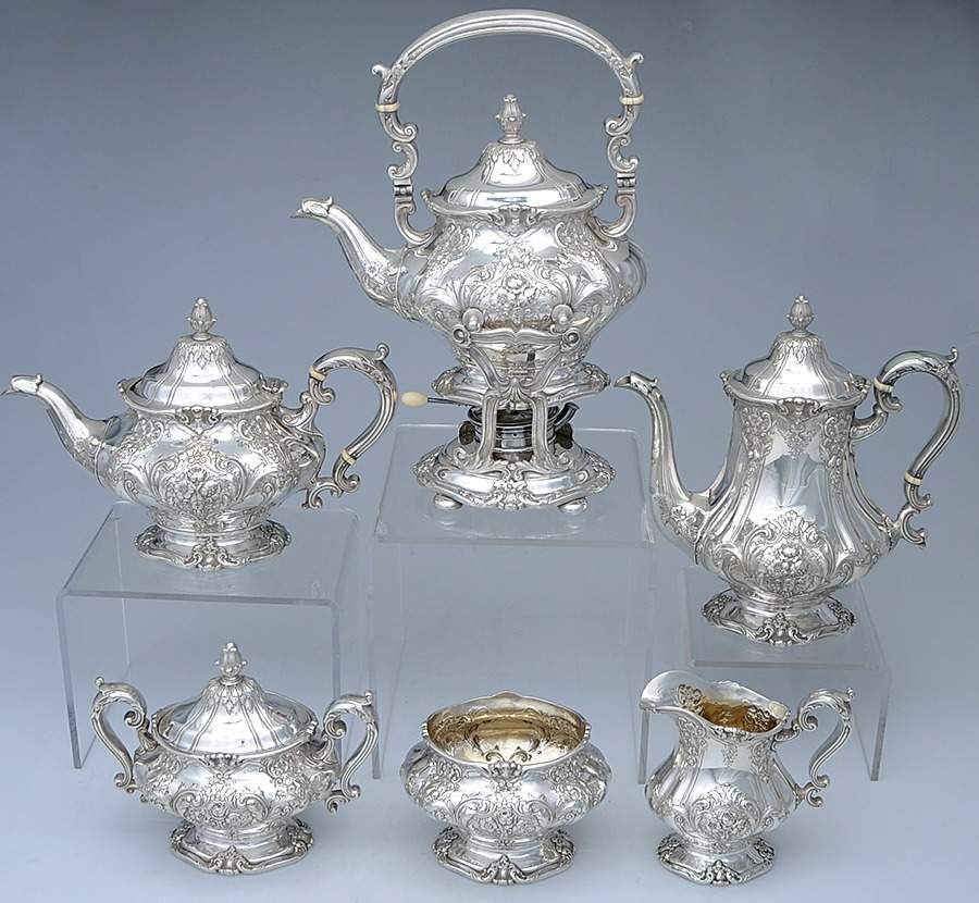 King Edward (Sterling, Hollowware) 6 Piece Tea Set (SCP, STP, SCR, SSU, SWB, SKES) by Gorham Silver-1