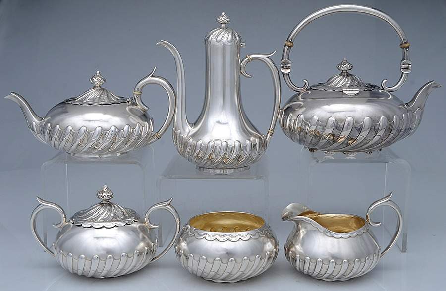 1780 (Sterling, Hollowware) 6 Piece Tea Set (SCP, STP, SCR, SSU, SWB, KET) by Gorham Silver-1