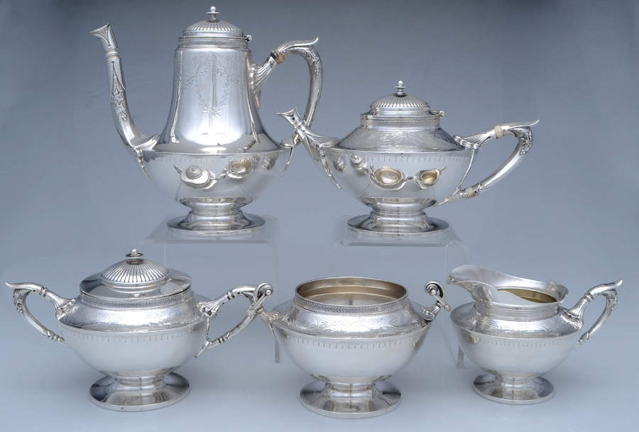 550E (Sterling, Hollowware) 5 Piece Tea Set (SCP, STP, SCR, SSU, SWB) by Gorham Silver-1