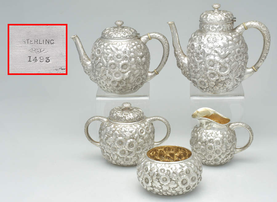 Repousse (Sterling, Hollowware) 5 Piece Tea Set (SCP, STP, SCR, SSU, SWB) by George W Shiebler-1