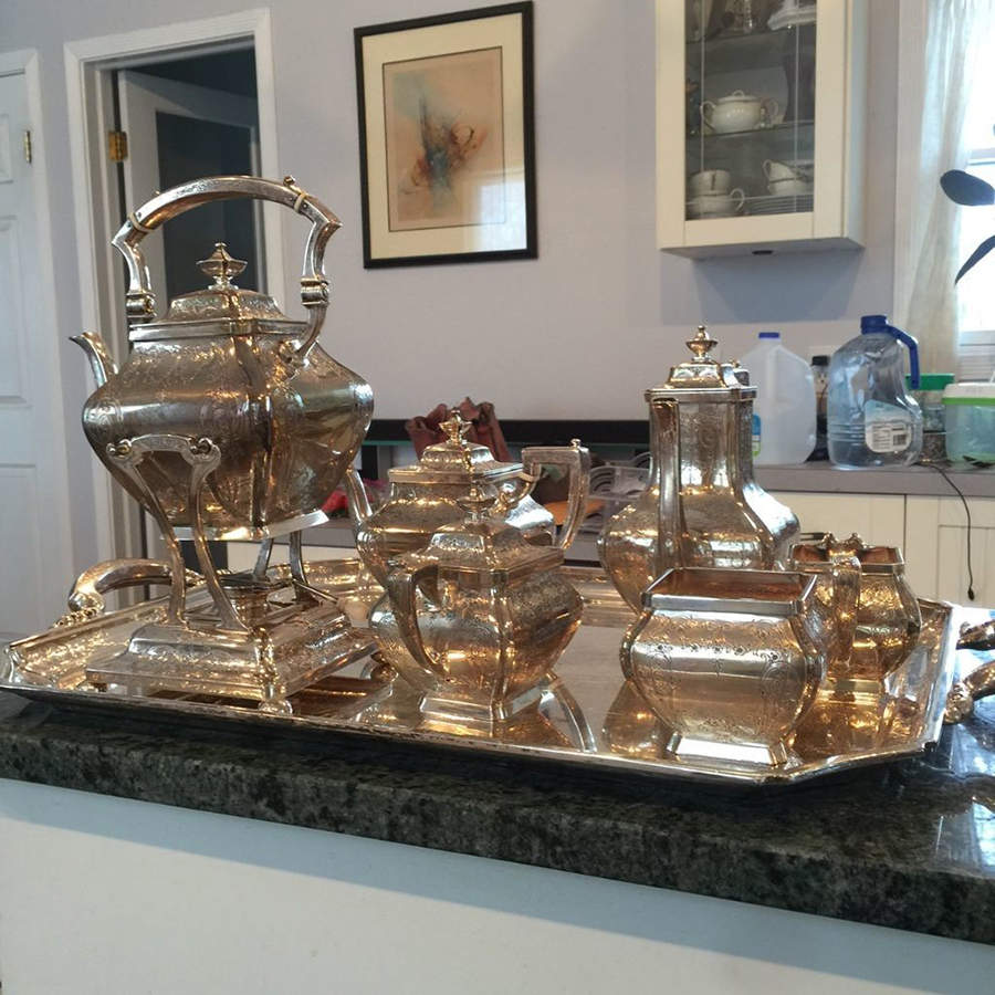 1605A (Sterling, Hollowware) 7 Piece Tea Set (SCP, STP, SCR, SSU, SWB, SKES & WTL) by Gorham Silver-1