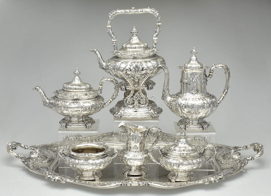 8077 (Sterling, Hollowware) 7 Piece Tea Set (SCP, STP, SCR, SSU, SWB, SKES & WTL) by Graff Washbourn & Dunn-1