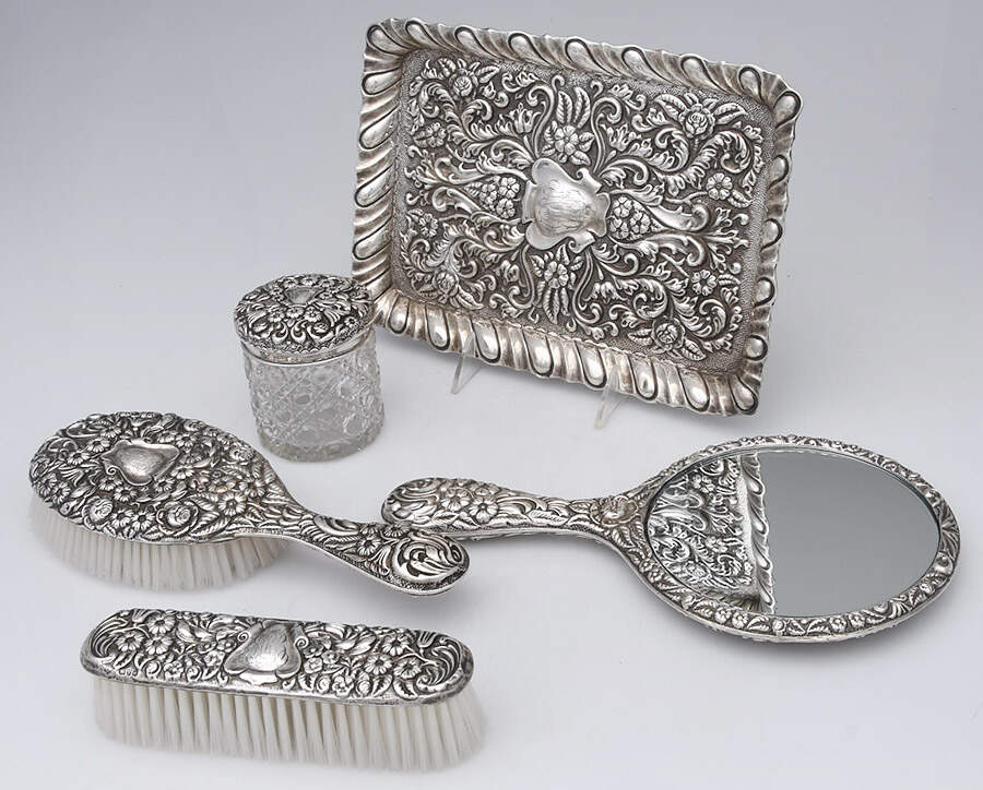 GNH3 (Sterling, Hollowware) 5 Pc Dresser Set (SHB,CLB,SMIR,DRJSL,DRT10) by George Nathan & Ridley Hayes-1