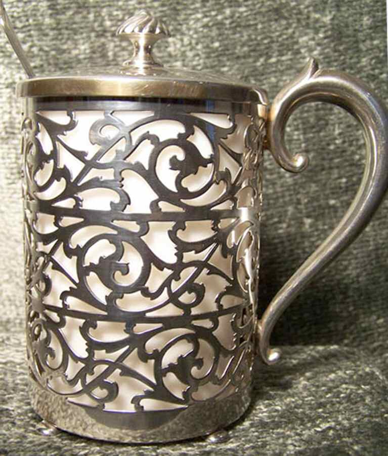 0918 (Silverplate, Hollowware) Mustard Pot with Lid, Spoon & Ceramic Liner by Homan-1