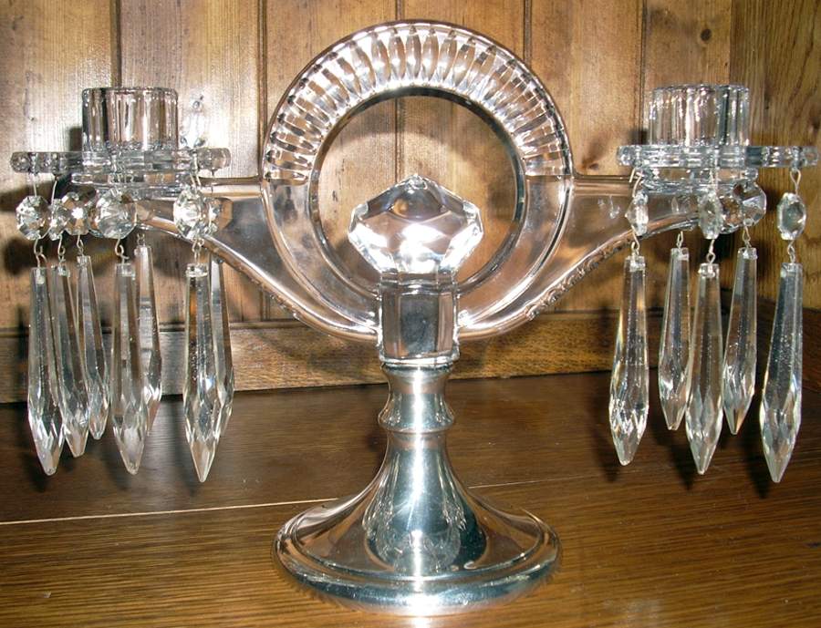 S1289 2 Light Candelabra with Sterling Base Bobeche and Prisms by Hawkes-1