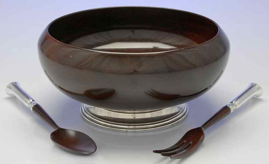 311-41 (Sterling, Hollowware) 3 Pc Salad Set-Wood & Sterling Bowl & Servers by John Hasselbring-1