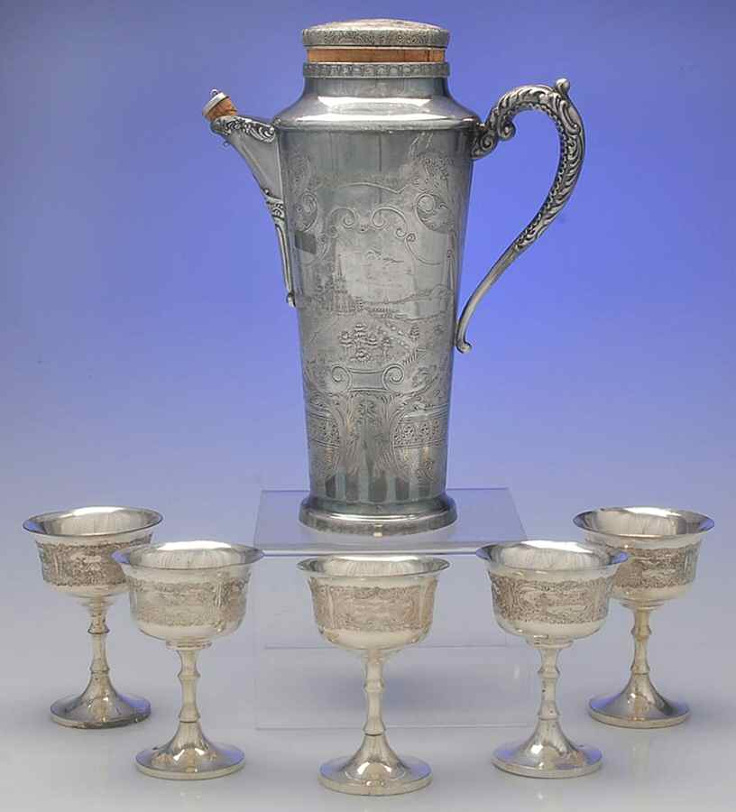 5975 (Silverplate, Hollowware) 6 Pc Martini Set (Shaker & 5 Cups) by Hartford Sterling Co-1