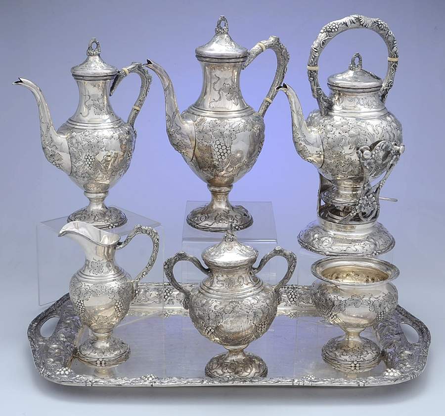 9500 (Sterling, Hollowware) 7 Piece Tea Set (SCP, STP, SCR, SSU, SWB, SKES & WTL) by Schofield-1