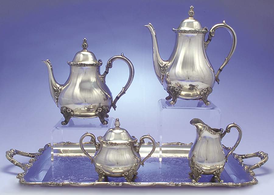 American Rose (Silverplate, Holloware) 5-Piece Silverplate Tea Set (with Tray) by International Silver-1