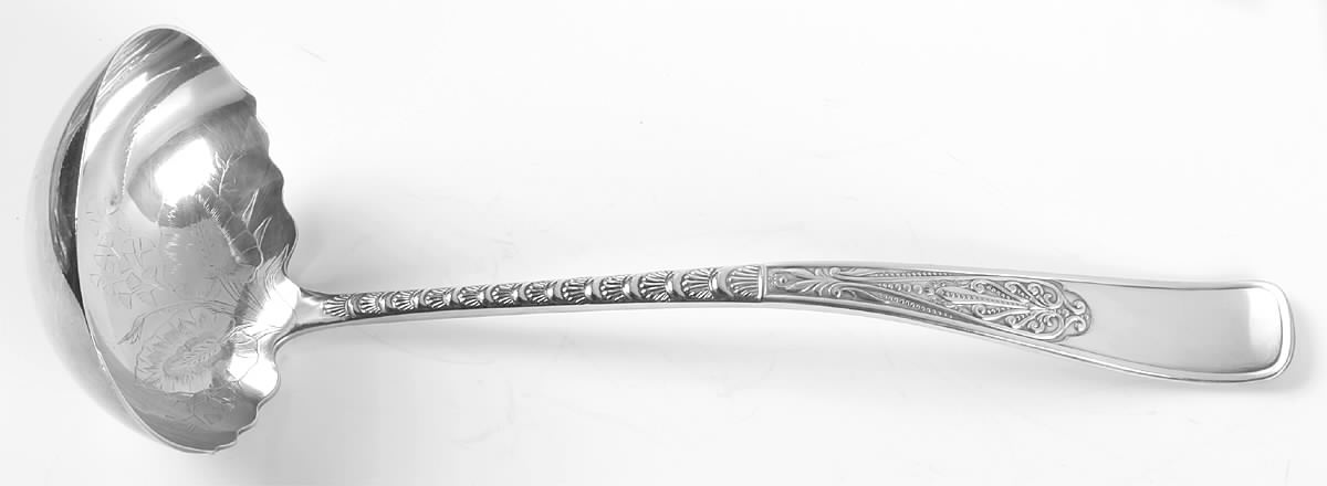 Assyrian-Greek (Silverplate, 1889) Soup Ladle, Bright Cut Solid Piece by International Silver-1